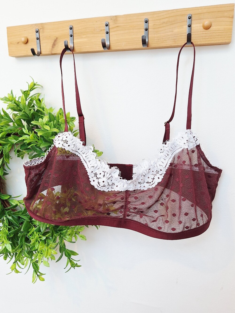 Aerie Burgundy Polka Dot Mesh Baby Blue Lace Bra M NWT